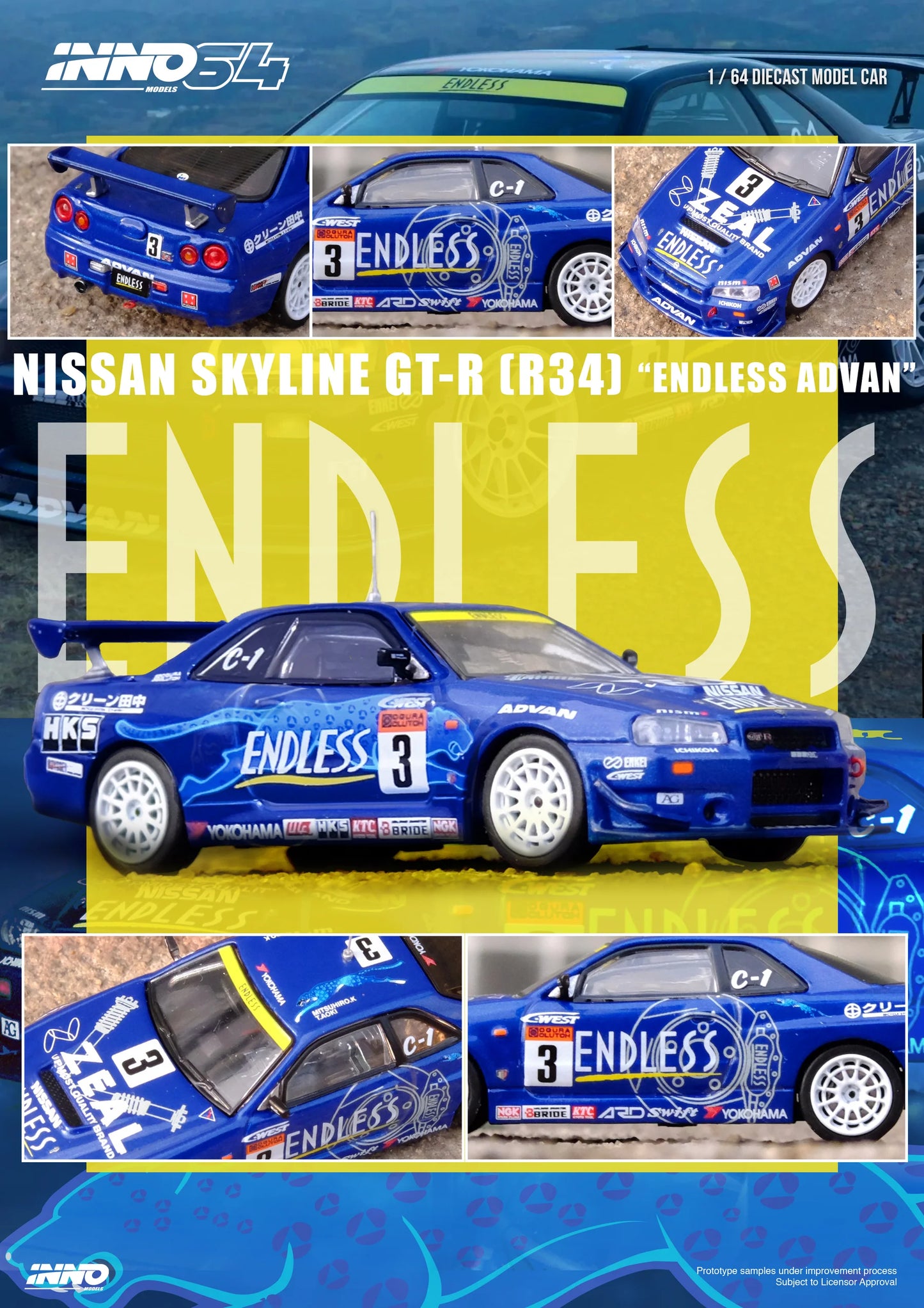 Inno64 1:64 Nissan Skyline GT-R (R34) #3 "Endless Advan" Super Taikyu Series 2002 Winner (Preorder)