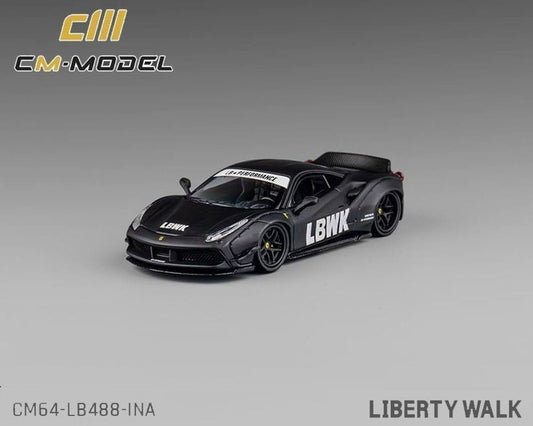 CM Model 1:64 LBWK Liberty Walk F488 Widebody Indonesia Exclusive – Matted Black with Carbon – Limited Edition (Preorder)