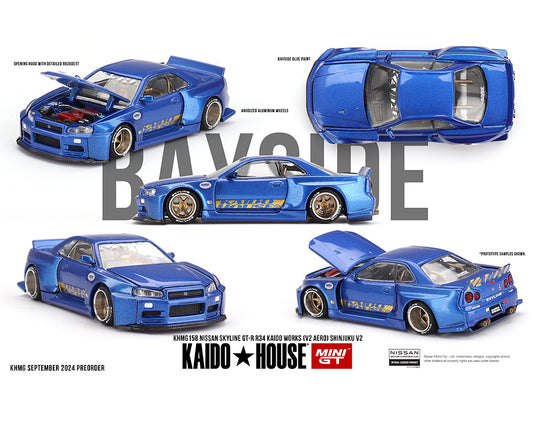 (Preorder) Kaido House x Mini GT 1:64 Nissan Skyline GT-R (R34) Kaido Works (V2 Aero) SHINJUKU V2- Blue