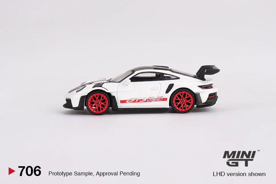 Mini GT 1:64 Porsche 911 (992) GT3 RS Weissach Package – White with Pyro Red (Preorder)