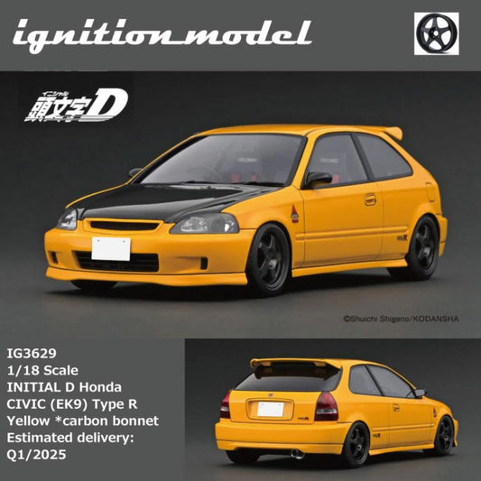 Ignition Model 1:18 Initial D Honda Civic (EK9) Type R Yellow Carbon Bonnet (Preorder)